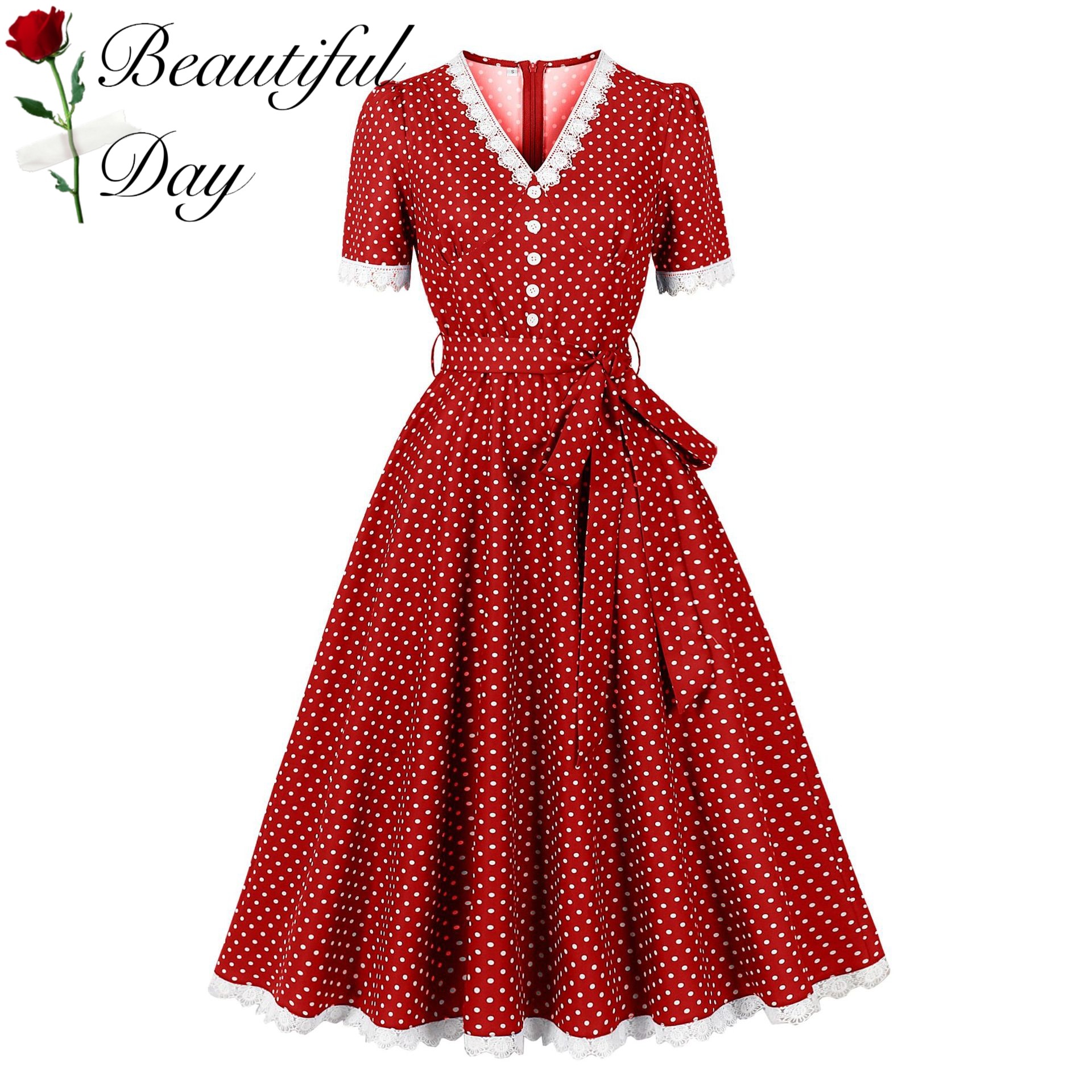 赫本复古气质波点显瘦法式年代感短袖女装舞蹈表演派对收腰连衣裙