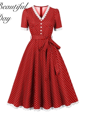 赫本复古气质波点显瘦法式年代感短袖女装舞蹈表演派对收腰连衣裙