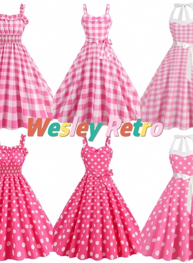 欧美复古甜美芭比粉色气质波点显瘦港风表演派对挂脖大摆连衣裙女