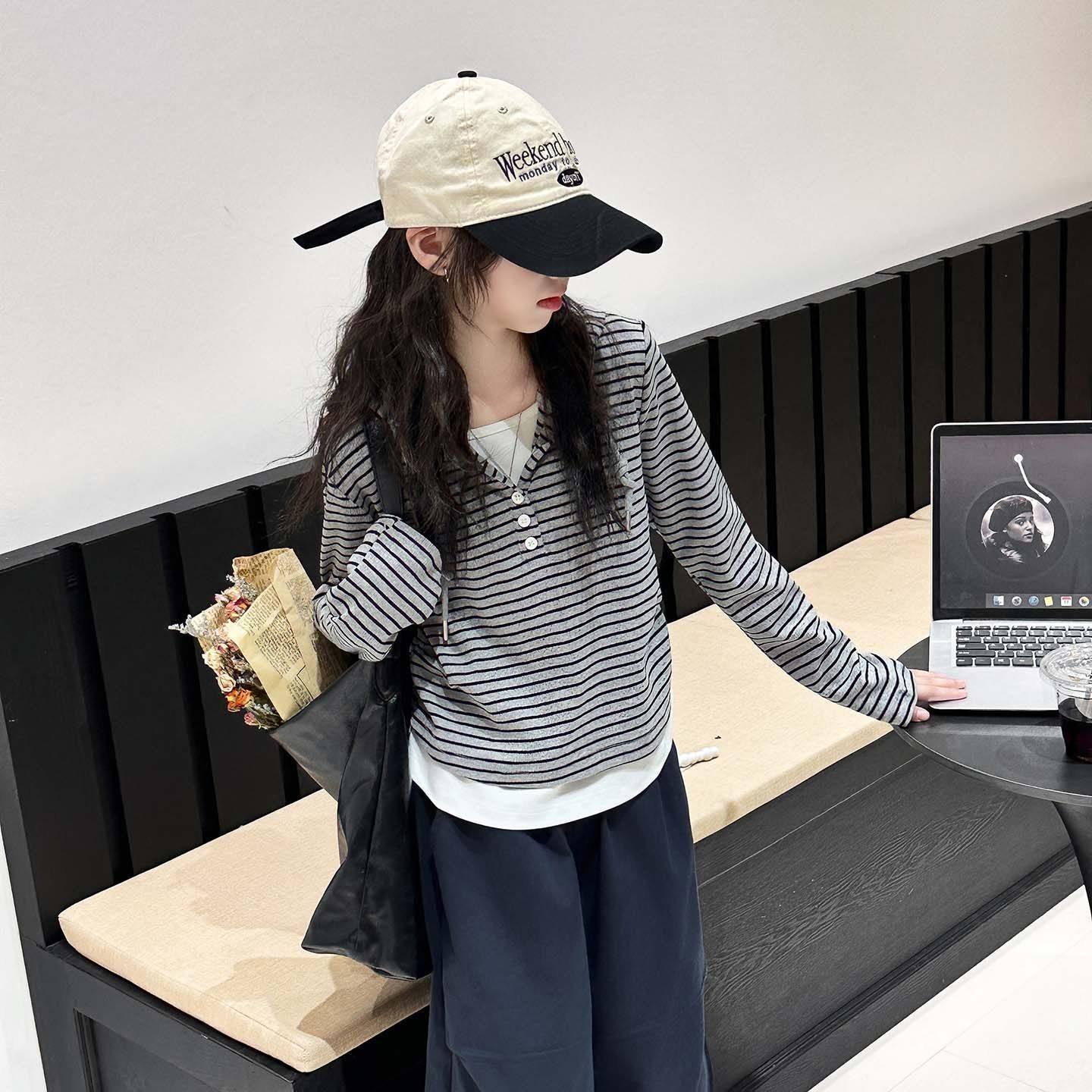 女童长袖t恤春秋装新款连帽上衣韩系女孩大儿童假两件条纹打底衫