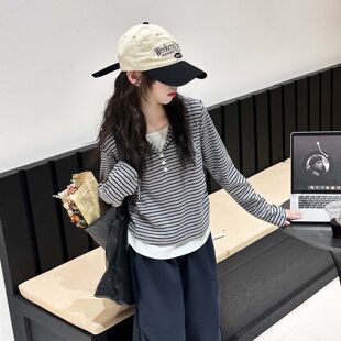 女童长袖t恤春秋装新款连帽上衣韩系女孩大儿童假两件条纹打底衫