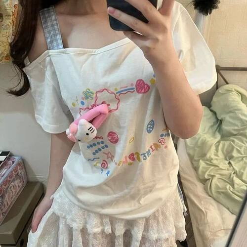 女童装夏季斜肩吊带短袖T恤上衣