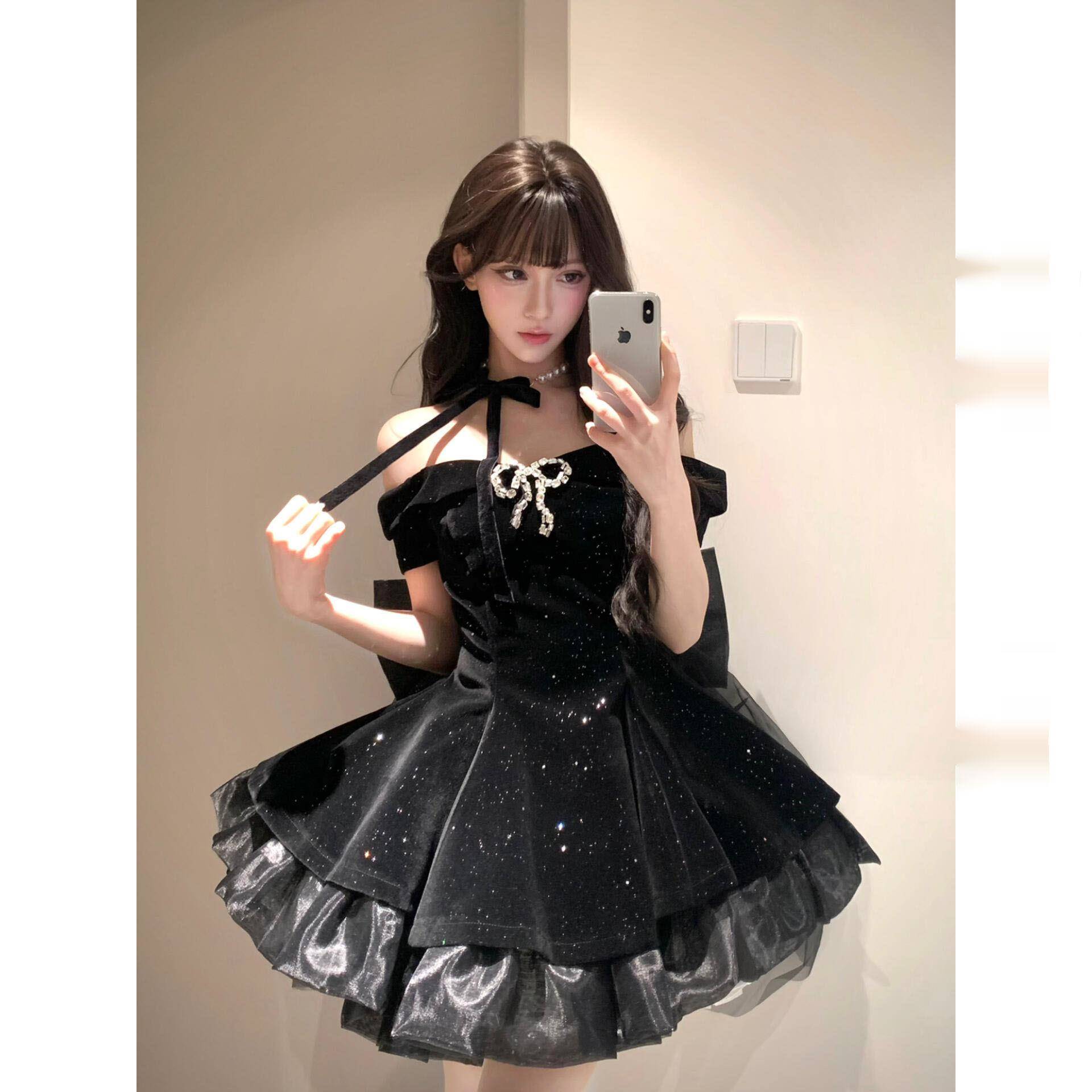 法式甜辣妹连衣裙女夏季高级感赫本风公主裙收腰生日礼服蓬蓬裙子