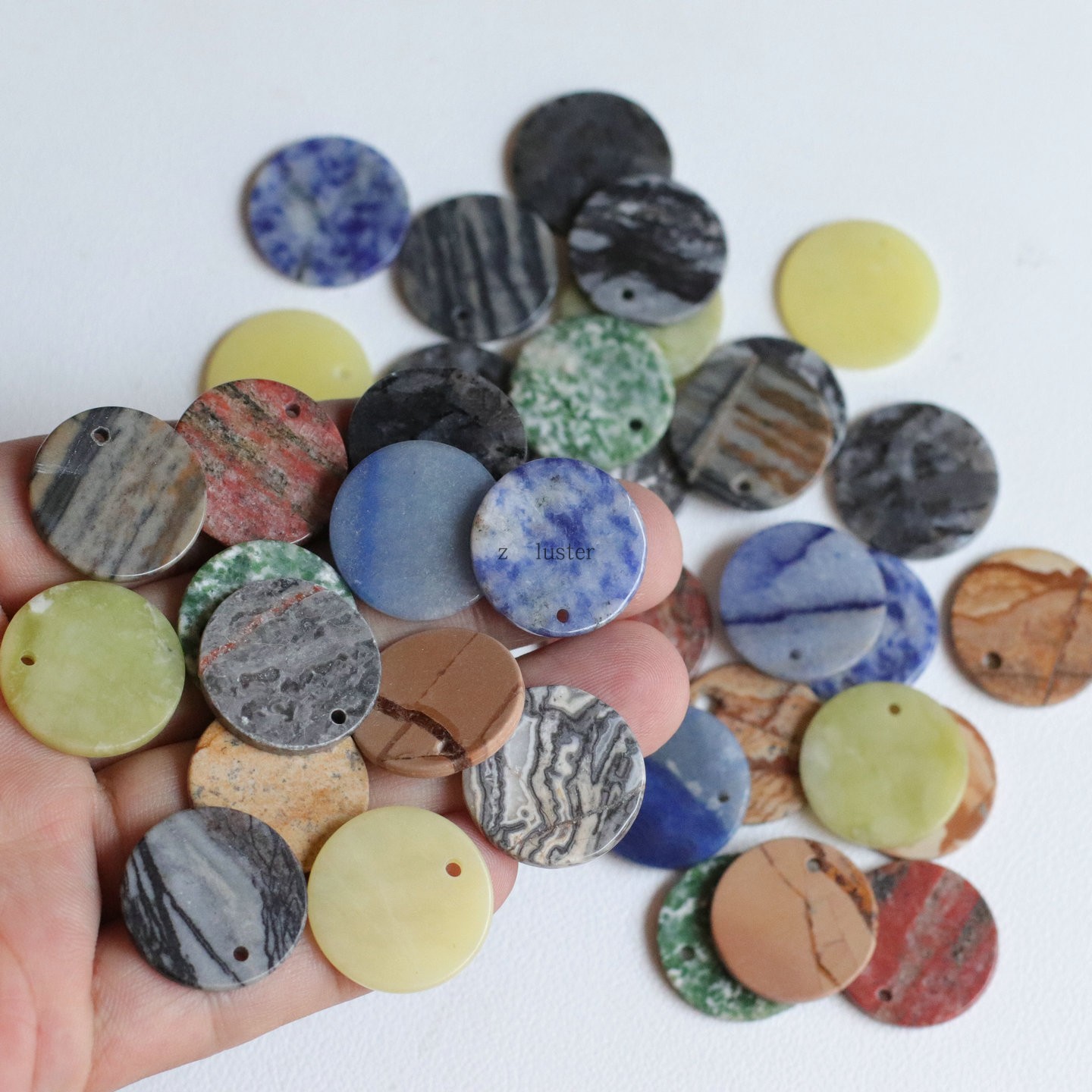 无优化天然水晶玉石20mm单孔圆片图画石圆片头饰发簪diy耳饰配件