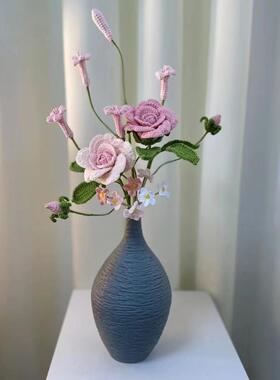成品手工编织毛线仿真蔷薇花菊花桌面花瓶插花家居客厅摆件整束花