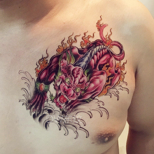 火麒麟胸口纹身贴防水男 持久 花臂 胸部 腿部穷奇貔貅仿真刺青贴
