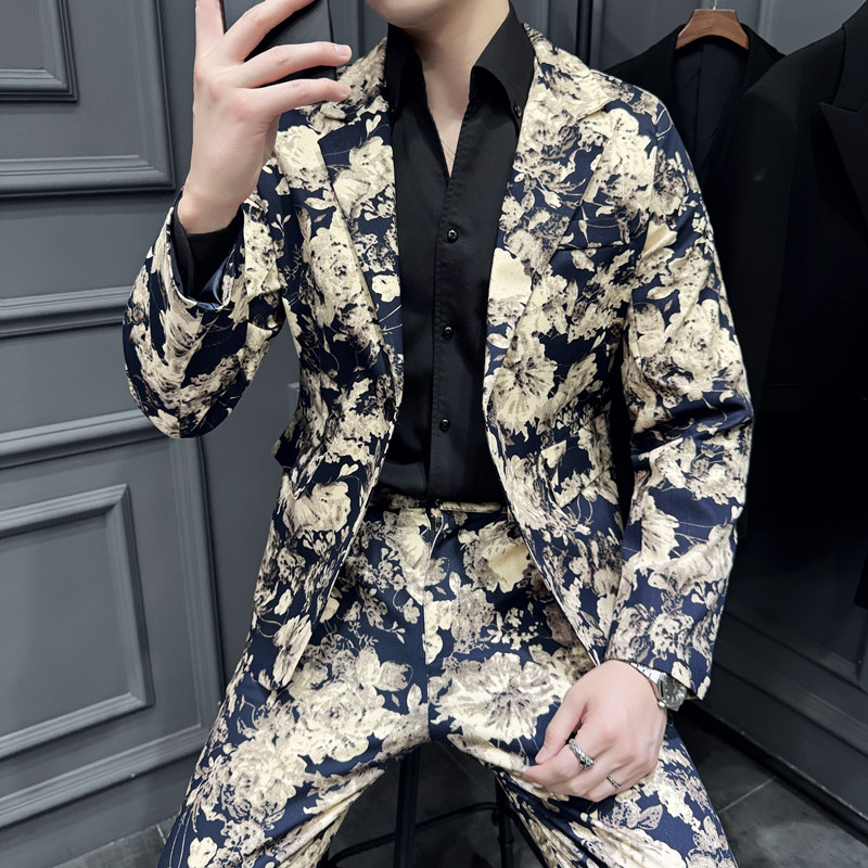 男士时尚精棉弹力活性印花西服西装228-1151西服P70。1152裤子P50，男装西服套装，星座228