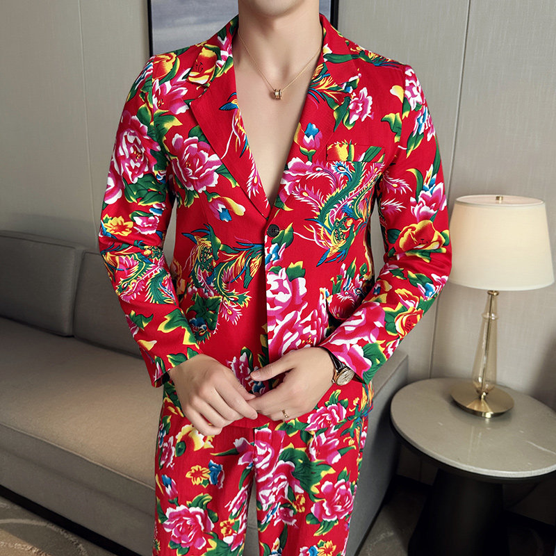 东北大花西装男套装秋冬两件套网红精神小伙伴郎服兄弟装团服西服图片