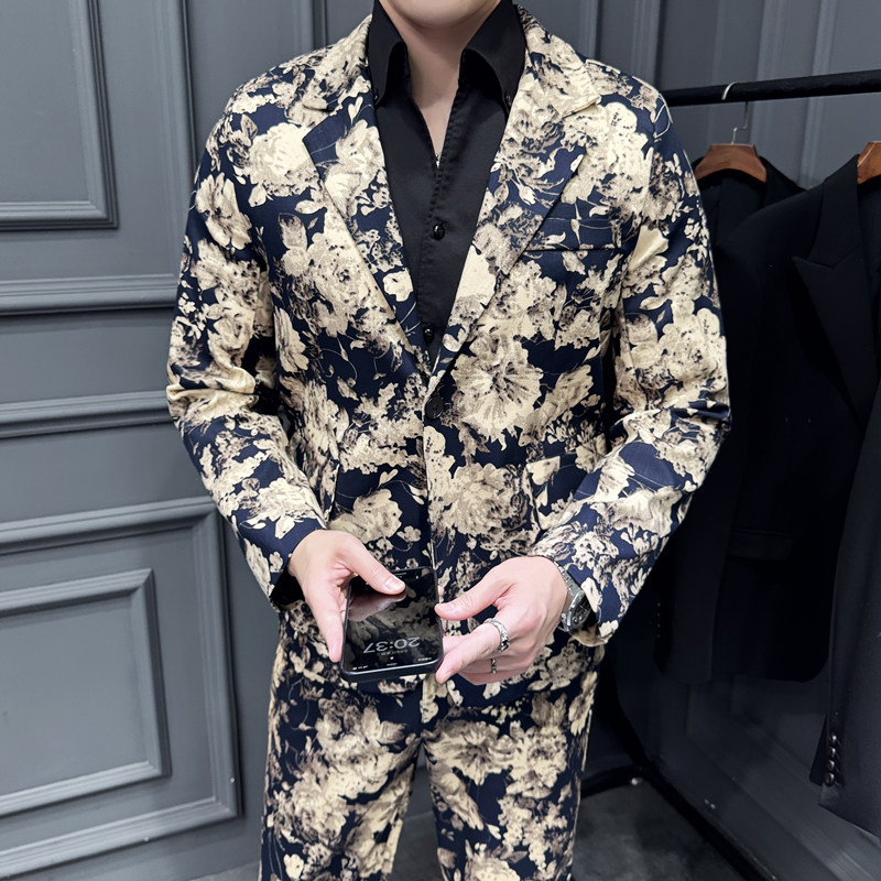 男士潮精棉弹力活性印花西服西装228-1151西服P70。1152裤子P50图片
