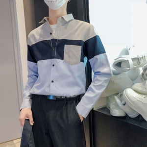 韩版新款男士撞色衬衫条纹拼接休闲装长袖衬衣228-CS43-P40图片