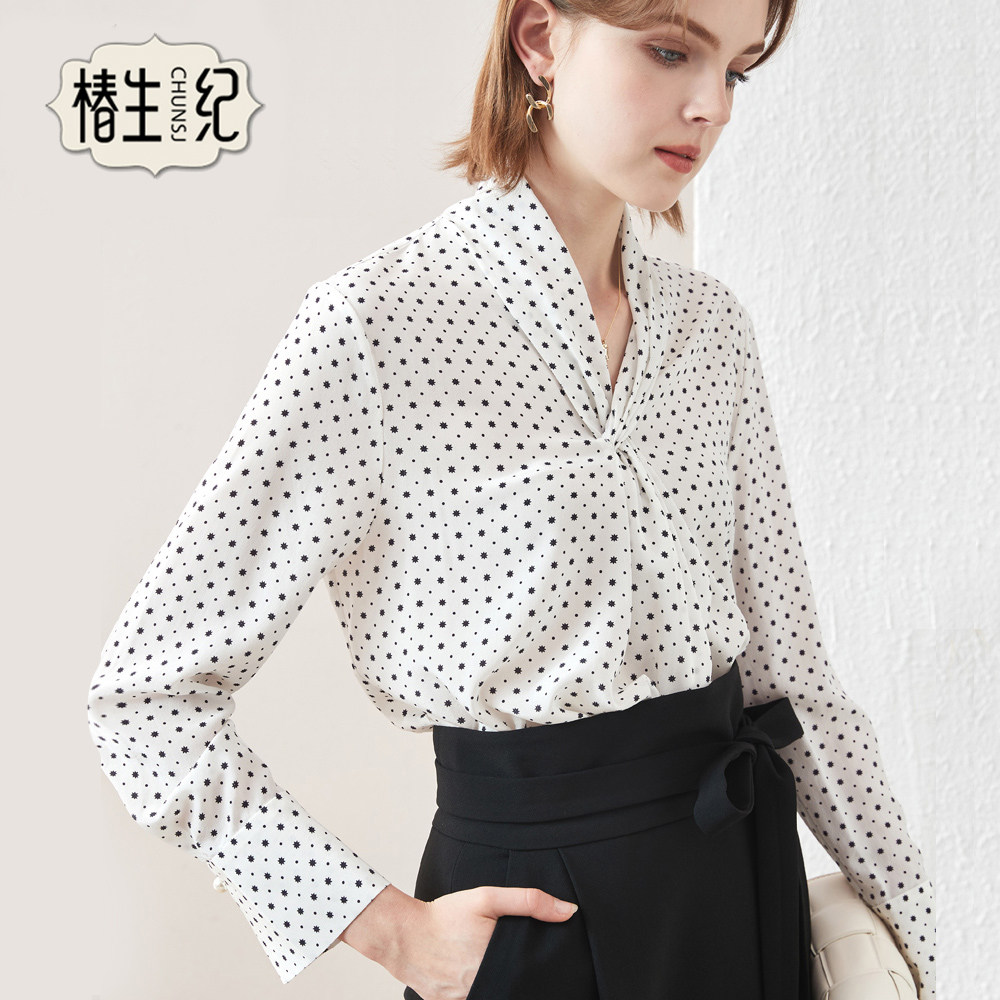 椿生纪2023春季新品薄衬衫纯色缎面奢华感真丝简约宽松职业女装