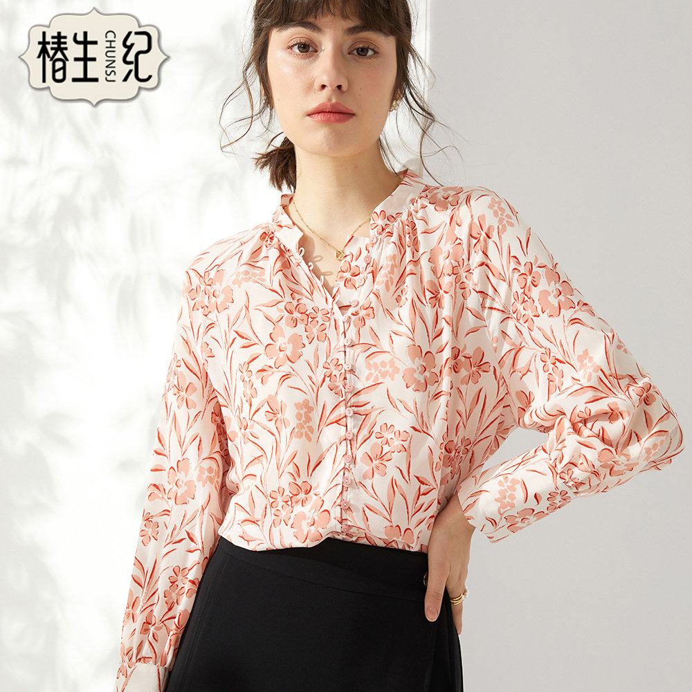 椿生纪轻奢优雅双绉真丝长袖衬衫女宽松上衣小众桑蚕丝碎花薄衬衣