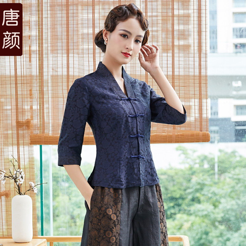 唐颜香云纱中式改良唐装女汉服 中国风盘扣开襟短款真丝旗袍上衣