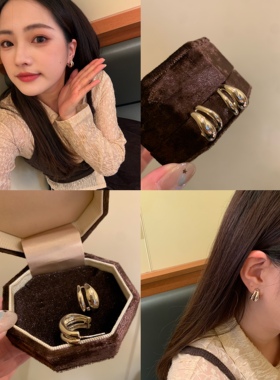 摩卡金双层耳圈冷淡风质感金属925银针不规则多圈耳环气质耳饰女