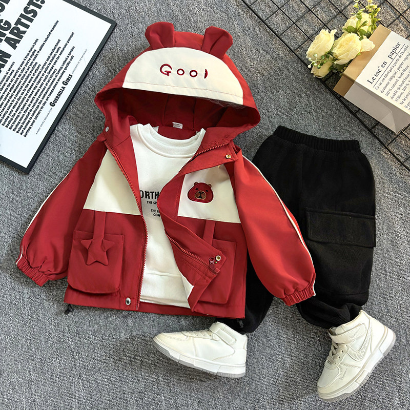 男童卡通连帽外套春秋装2026新款女宝宝可爱帅气冲锋衣裤子两件套