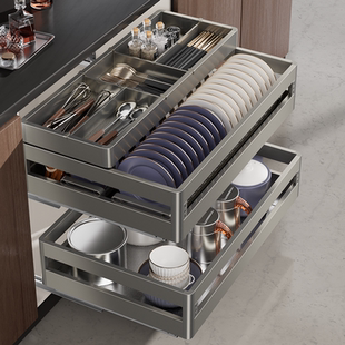 金牌橱柜厨房橱柜304不锈钢抽屉式拉篮多功能抽中抽碗盘收纳篮子