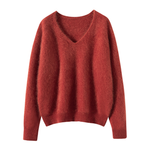 2024秋冬新款羊绒衫女100纯山羊绒纯色V领针织衫套头保暖拉绒上衣