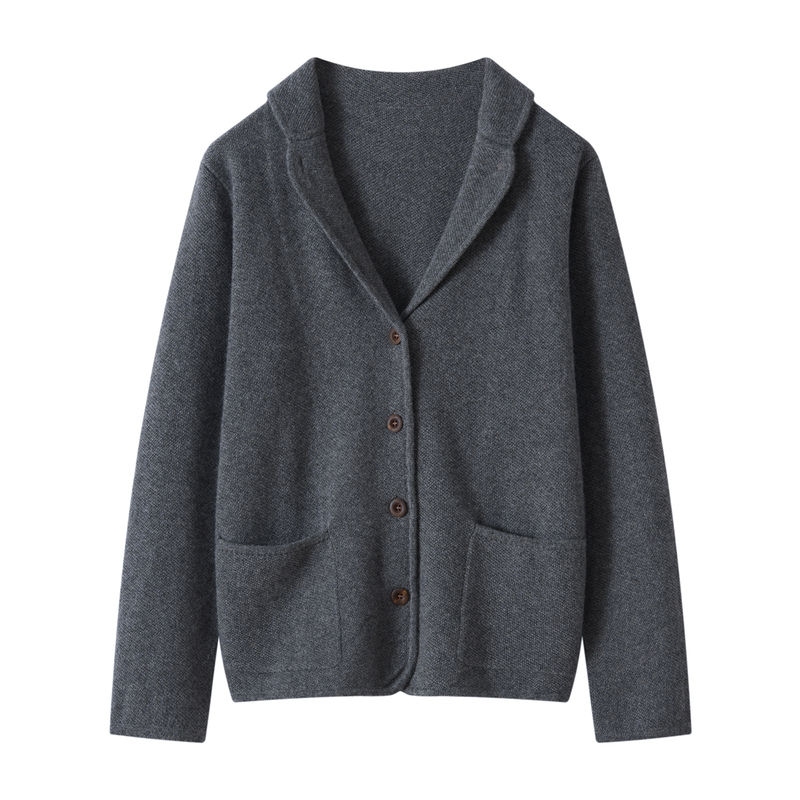 【康赛妮】100纯山羊绒碎玉针西服领厚款针织开衫外套上衣女