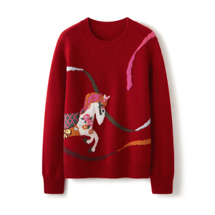 E家同款~100纯山羊绒圣诞新年圆领胸前花马图案红色套头打底衫女