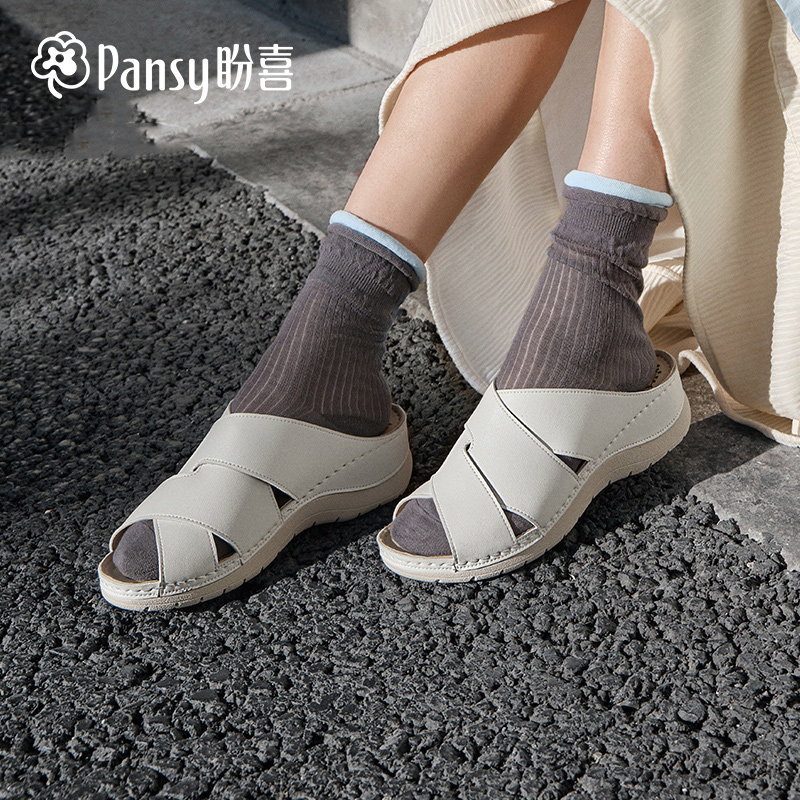 Pansy盼喜日本女士交叉带凉鞋轻便坡跟外穿凉拖鞋2025年夏季新款