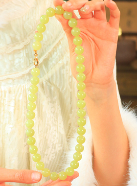 新疆天然和田玉若羌黄口料项链女款玉石珠链毛衣链12mm多圈手链