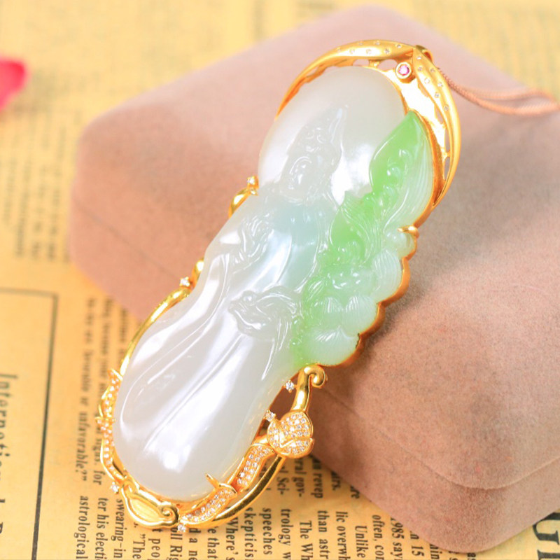 金镶玉观音吊坠男士款项链天然和田玉挂件翠青料普度众生玉坠36g