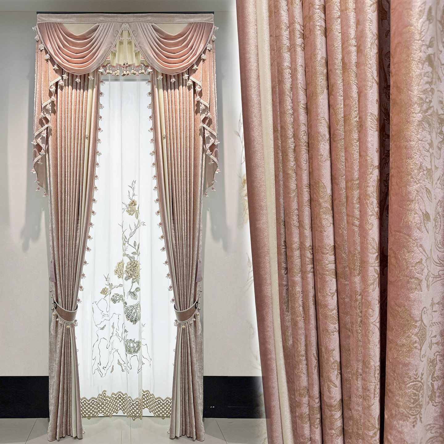 欧式橘粉色花纹设计丝绒窗帘定制