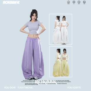 ROKBBK-K运动风阔腿裤女松紧腰宽松垂感休闲裤