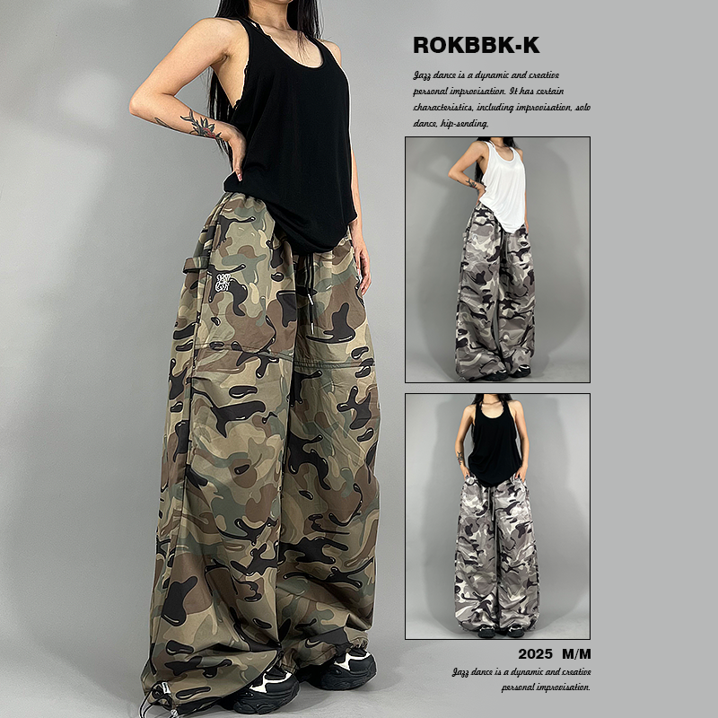 ROKBBK-K布韩街舞潮牌2025新款街头迷彩宽松工装裤女爵士舞