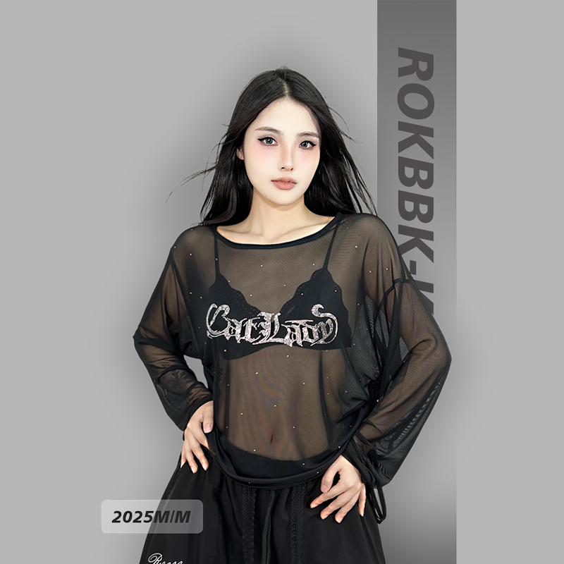 ROKBBK-K布韩街舞潮牌2025新款小众设计感字母烫钻网纱罩衫女