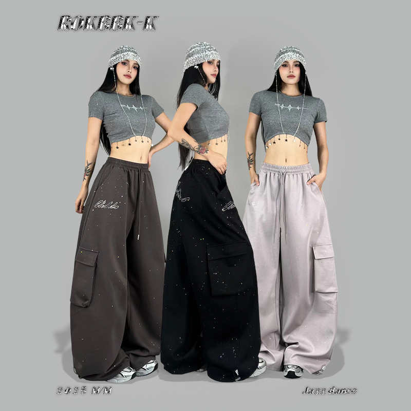 ROKBBK-K布韩街舞潮牌嘻哈美式复古早秋烫钻百搭工装裤女jazz