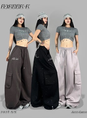 ROKBBK-K布韩街舞潮牌嘻哈美式复古早秋烫钻百搭工装裤女jazz
