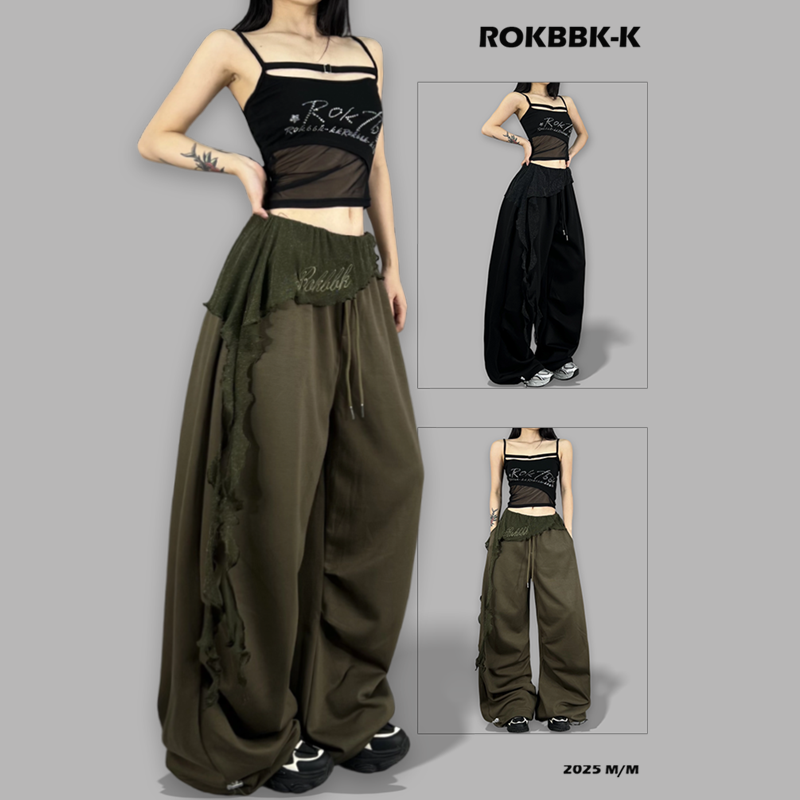 ROKBBK-K街舞潮牌刺绣飘带银丝网纱嘻哈宽松长裤女爵士舞
