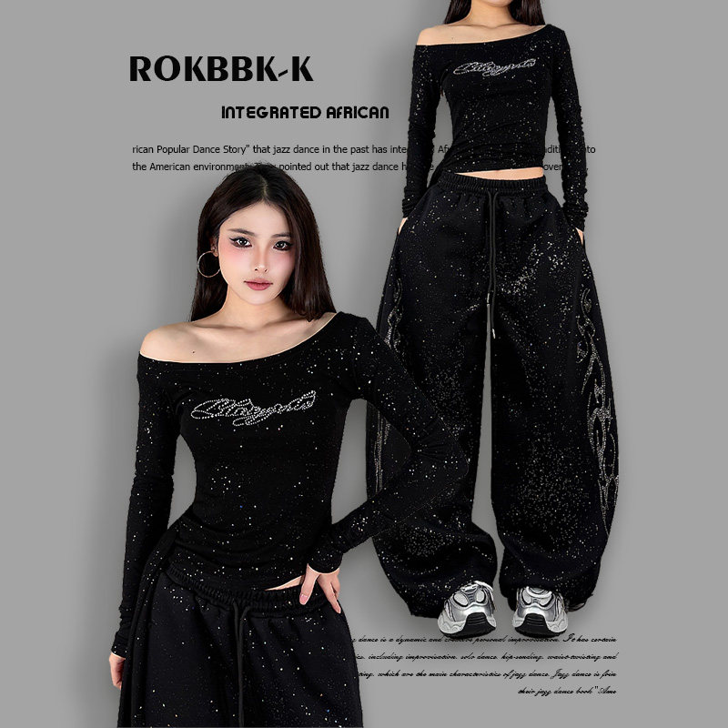 ROKBBK－K/布韩ROKBBK-K黑色烫钻斜肩长袖闪钻T恤女美式嘻哈风
