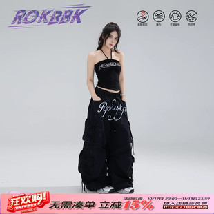 ROKBBK－K/布韩美式街头工装风多口袋女黑色宽松垂感伞兵裤休闲裤