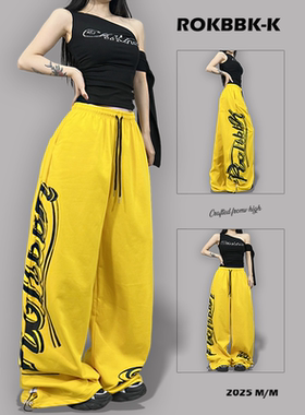 ROKBBK-K布韩街舞潮牌2025新款黄色休闲美式直筒长裤女百搭爵士舞