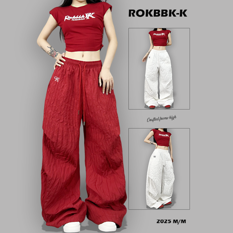 ROKBBK-K布韩街舞潮牌夏季新款肌理休闲裤慵懒风显瘦阔腿直筒