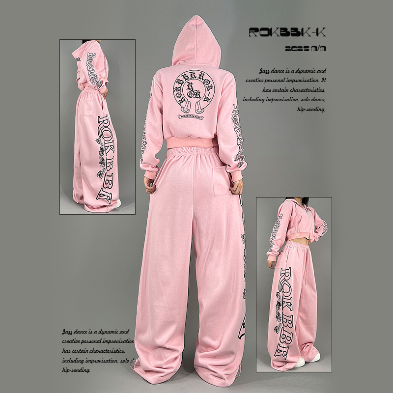 ROKBBK-K布韩街舞潮牌秋冬上新字母印花粉色两件套休闲裤女爵士舞