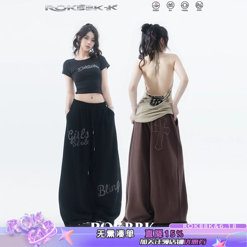韩美式辣妹烫钻阔腿黑色休闲裤女