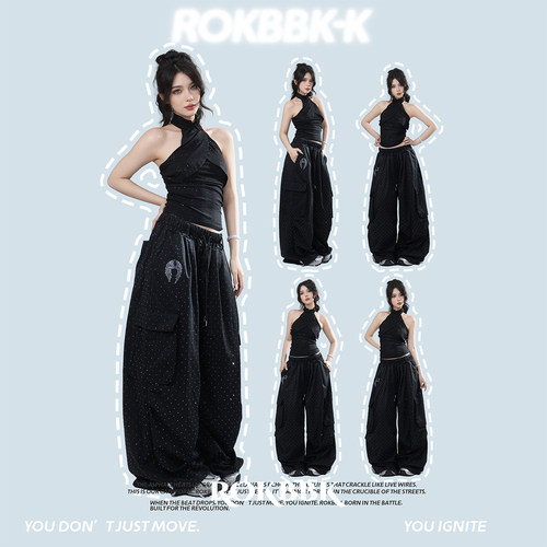 ROKBBK-K工装风黑色阔腿裤女