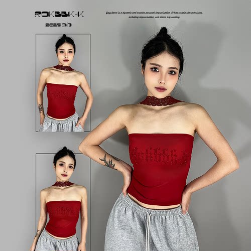 ROKBBK-K布韩街舞潮牌蕾丝烫钻挂脖抹胸背心女修身辣妹爵士舞
