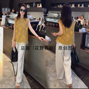 2025超火夏装套装女时尚气质圆领无袖百搭上衣直筒阔腿裤两件套潮