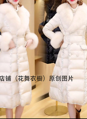 轻奢气质名媛白色毛领中长棉服女冬中长款收腰加厚保暖外套高级感