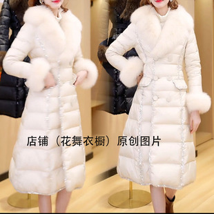 轻奢气质名媛白色毛领中长棉服女冬中长款收腰加厚保暖外套高级感