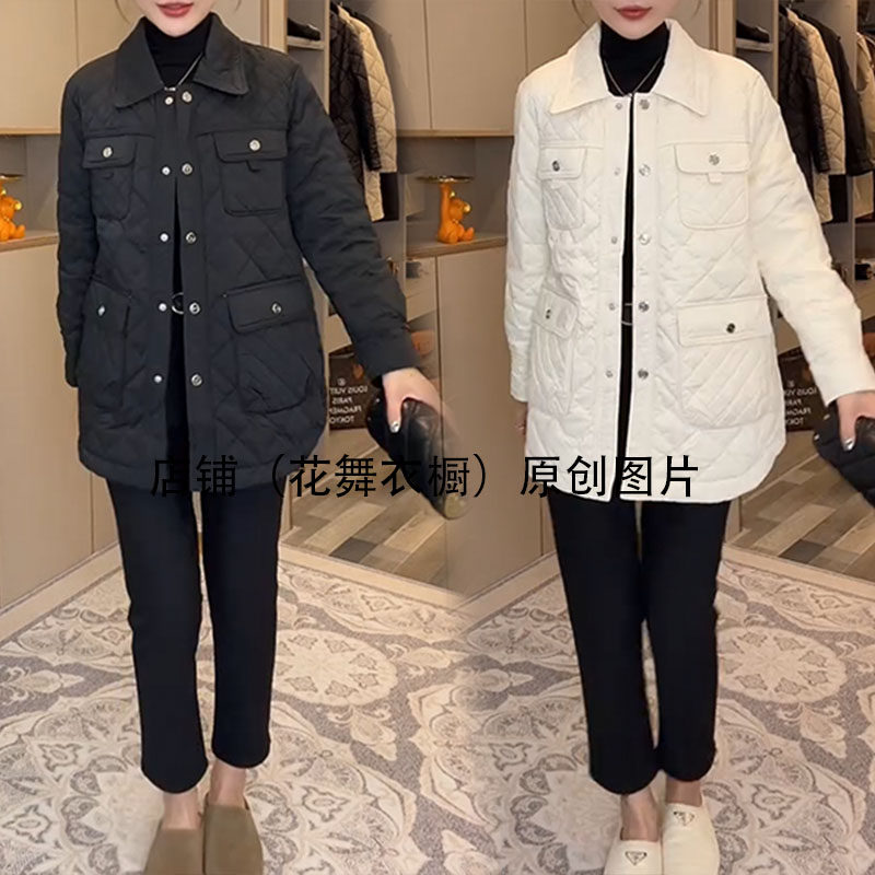 2025秋冬新款翻领衬衫羽绒棉服女韩版宽松菱格中长白轻薄外套显瘦