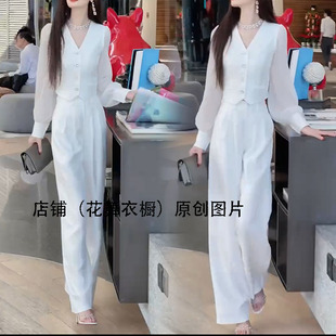 文艺范名媛风白色V领单排扣套装女夏季显瘦气质阔腿裤女神范时尚