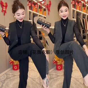 网红新款炸街2024早春女职业气质时尚马夹搭配阔腿裤套装显瘦个性