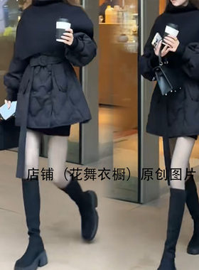 披肩斗篷潮黑色菱格纹棉服女中长款修身收腰绑带外套通勤轻薄棉衣