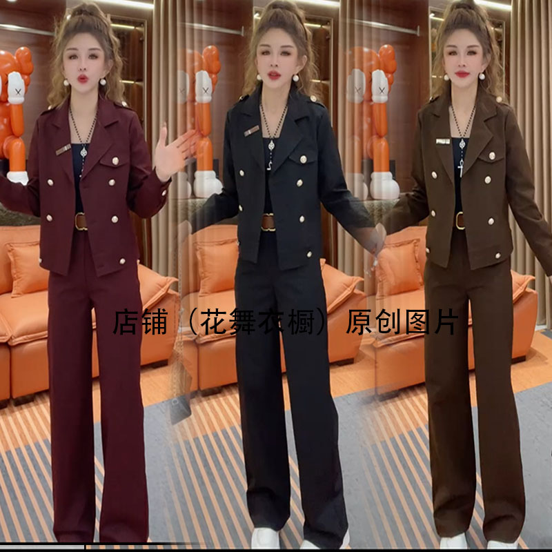 2025秋季新款时尚气质显瘦休闲运动翻领西装外套阔腿裤两件套潮