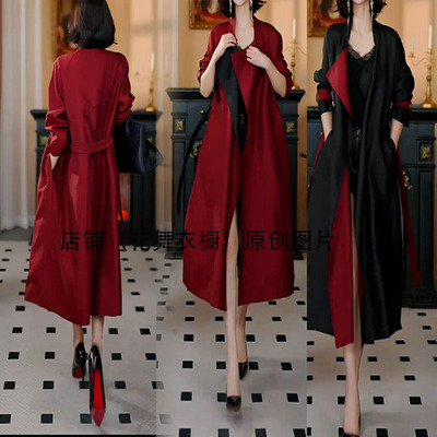 御姐风衣个性两面穿中长黑红拼接大衣2025秋新时尚风衣外套设计感